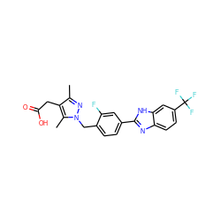 Cc1nn(Cc2ccc(-c3nc4ccc(C(F)(F)F)cc4[nH]3)cc2F)c(C)c1CC(=O)O ZINC001772646686