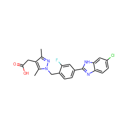 Cc1nn(Cc2ccc(-c3nc4ccc(Cl)cc4[nH]3)cc2F)c(C)c1CC(=O)O ZINC001772649811