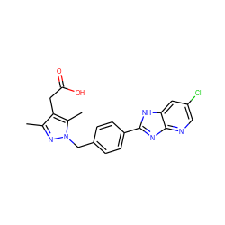 Cc1nn(Cc2ccc(-c3nc4ncc(Cl)cc4[nH]3)cc2)c(C)c1CC(=O)O ZINC001772587368