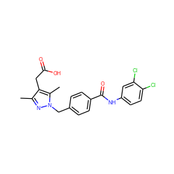 Cc1nn(Cc2ccc(C(=O)Nc3ccc(Cl)c(Cl)c3)cc2)c(C)c1CC(=O)O ZINC000169704017