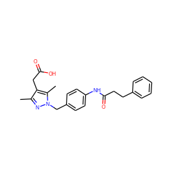 Cc1nn(Cc2ccc(NC(=O)CCc3ccccc3)cc2)c(C)c1CC(=O)O ZINC000168866736