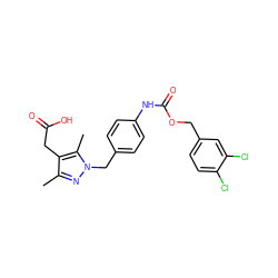 Cc1nn(Cc2ccc(NC(=O)OCc3ccc(Cl)c(Cl)c3)cc2)c(C)c1CC(=O)O ZINC000169704005