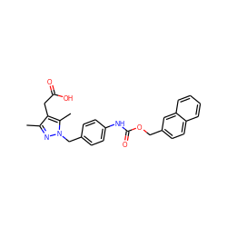 Cc1nn(Cc2ccc(NC(=O)OCc3ccc4ccccc4c3)cc2)c(C)c1CC(=O)O ZINC000169704008