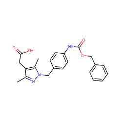 Cc1nn(Cc2ccc(NC(=O)OCc3ccccc3)cc2)c(C)c1CC(=O)O ZINC000113987955