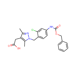 Cc1nn(Cc2ccc(NC(=O)OCc3ccccc3)cc2Cl)c(C)c1CC(=O)O ZINC000169704014