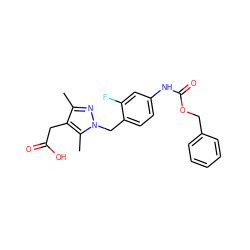 Cc1nn(Cc2ccc(NC(=O)OCc3ccccc3)cc2F)c(C)c1CC(=O)O ZINC000169704015