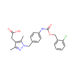 Cc1nn(Cc2ccc(NC(=O)OCc3ccccc3Cl)cc2)c(C)c1CC(=O)O ZINC000169704006