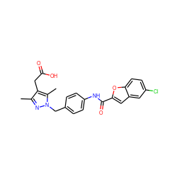 Cc1nn(Cc2ccc(NC(=O)c3cc4cc(Cl)ccc4o3)cc2)c(C)c1CC(=O)O ZINC000169703174