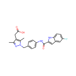 Cc1nn(Cc2ccc(NC(=O)c3cc4cc(F)ccc4[nH]3)cc2)c(C)c1CC(=O)O ZINC000169703178