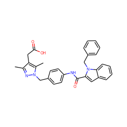 Cc1nn(Cc2ccc(NC(=O)c3cc4ccccc4n3Cc3ccccc3)cc2)c(C)c1CC(=O)O ZINC000169703184