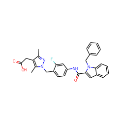 Cc1nn(Cc2ccc(NC(=O)c3cc4ccccc4n3Cc3ccccc3)cc2F)c(C)c1CC(=O)O ZINC000169703170