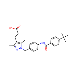 Cc1nn(Cc2ccc(NC(=O)c3ccc(C(C)(C)C)cc3)cc2)c(C)c1CCC(=O)O ZINC000168930259