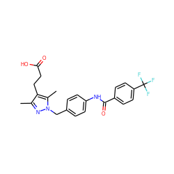 Cc1nn(Cc2ccc(NC(=O)c3ccc(C(F)(F)F)cc3)cc2)c(C)c1CCC(=O)O ZINC000168929758