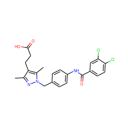 Cc1nn(Cc2ccc(NC(=O)c3ccc(Cl)c(Cl)c3)cc2)c(C)c1CCC(=O)O ZINC000168932460