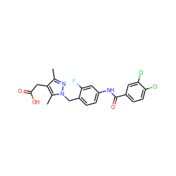 Cc1nn(Cc2ccc(NC(=O)c3ccc(Cl)c(Cl)c3)cc2F)c(C)c1CC(=O)O ZINC000168928603