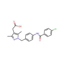 Cc1nn(Cc2ccc(NC(=O)c3ccc(Cl)cc3)cc2)c(C)c1CC(=O)O ZINC000141202929