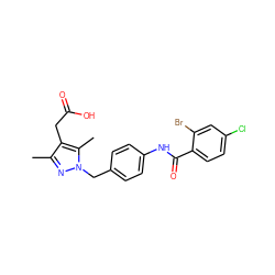 Cc1nn(Cc2ccc(NC(=O)c3ccc(Cl)cc3Br)cc2)c(C)c1CC(=O)O ZINC000169703997