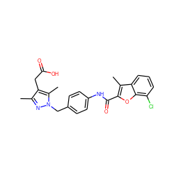 Cc1nn(Cc2ccc(NC(=O)c3oc4c(Cl)cccc4c3C)cc2)c(C)c1CC(=O)O ZINC000144821763