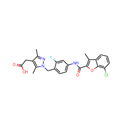 Cc1nn(Cc2ccc(NC(=O)c3oc4c(Cl)cccc4c3C)cc2F)c(C)c1CC(=O)O ZINC000169703200