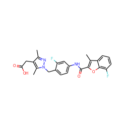 Cc1nn(Cc2ccc(NC(=O)c3oc4c(F)cccc4c3C)cc2F)c(C)c1CC(=O)O ZINC000169703212