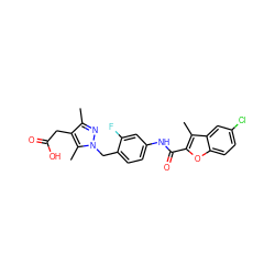 Cc1nn(Cc2ccc(NC(=O)c3oc4ccc(Cl)cc4c3C)cc2F)c(C)c1CC(=O)O ZINC000169703207