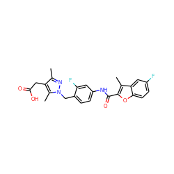 Cc1nn(Cc2ccc(NC(=O)c3oc4ccc(F)cc4c3C)cc2F)c(C)c1CC(=O)O ZINC000144905265