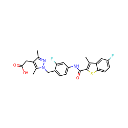 Cc1nn(Cc2ccc(NC(=O)c3sc4ccc(F)cc4c3C)cc2F)c(C)c1CC(=O)O ZINC000169703209