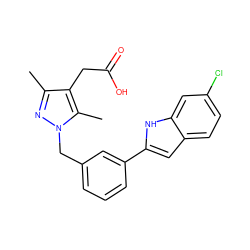 Cc1nn(Cc2cccc(-c3cc4ccc(Cl)cc4[nH]3)c2)c(C)c1CC(=O)O ZINC001772606207