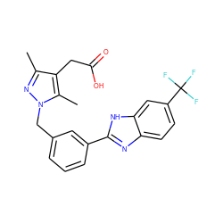 Cc1nn(Cc2cccc(-c3nc4ccc(C(F)(F)F)cc4[nH]3)c2)c(C)c1CC(=O)O ZINC001772632444