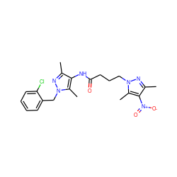 Cc1nn(Cc2ccccc2Cl)c(C)c1NC(=O)CCCn1nc(C)c([N+](=O)[O-])c1C ZINC000002882125