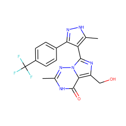 Cc1nn2c(-c3c(-c4ccc(C(F)(F)F)cc4)n[nH]c3C)nc(CO)c2c(=O)[nH]1 ZINC001772626663