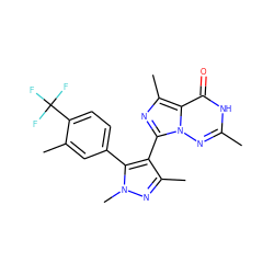 Cc1nn2c(-c3c(C)nn(C)c3-c3ccc(C(F)(F)F)c(C)c3)nc(C)c2c(=O)[nH]1 ZINC001772570778