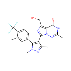 Cc1nn2c(-c3c(C)nn(C)c3-c3ccc(C(F)(F)F)c(C)c3)nc(CO)c2c(=O)[nH]1 ZINC001772575436