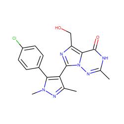 Cc1nn2c(-c3c(C)nn(C)c3-c3ccc(Cl)cc3)nc(CO)c2c(=O)[nH]1 ZINC001772631540