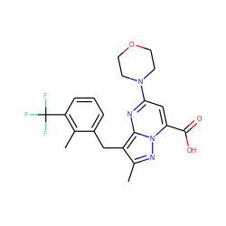 Cc1nn2c(C(=O)O)cc(N3CCOCC3)nc2c1Cc1cccc(C(F)(F)F)c1C ZINC000095584465