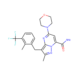 Cc1nn2c(C(N)=O)cc(N3CCOCC3)nc2c1Cc1cccc(C(F)(F)F)c1C ZINC000095581742