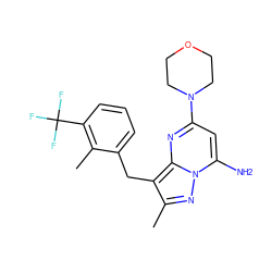 Cc1nn2c(N)cc(N3CCOCC3)nc2c1Cc1cccc(C(F)(F)F)c1C ZINC000095585873