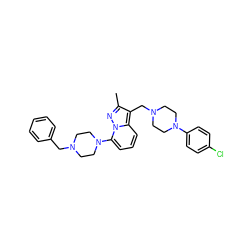 Cc1nn2c(N3CCN(Cc4ccccc4)CC3)cccc2c1CN1CCN(c2ccc(Cl)cc2)CC1 ZINC000013438671