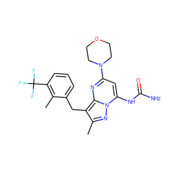 Cc1nn2c(NC(N)=O)cc(N3CCOCC3)nc2c1Cc1cccc(C(F)(F)F)c1C ZINC000095583338