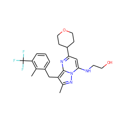 Cc1nn2c(NCCO)cc(C3CCOCC3)nc2c1Cc1cccc(C(F)(F)F)c1C ZINC000095584807