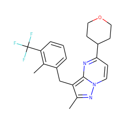 Cc1nn2ccc(C3CCOCC3)nc2c1Cc1cccc(C(F)(F)F)c1C ZINC000095580973