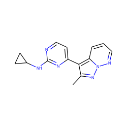 Cc1nn2ncccc2c1-c1ccnc(NC2CC2)n1 ZINC000038387220