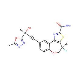 Cc1nnc([C@@](C)(O)C#Cc2ccc3c(c2)-c2nc(C(N)=O)sc2[C@@](C)(F)CO3)o1 ZINC000219410187