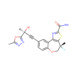 Cc1nnc([C@@](C)(O)C#Cc2ccc3c(c2)-c2nc(C(N)=O)sc2[C@](C)(F)CO3)o1 ZINC000219410358