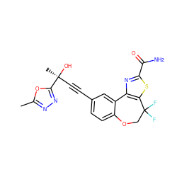 Cc1nnc([C@@](C)(O)C#Cc2ccc3c(c2)-c2nc(C(N)=O)sc2C(F)(F)CO3)o1 ZINC000219448065