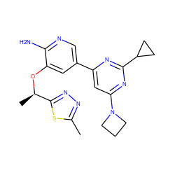 Cc1nnc([C@@H](C)Oc2cc(-c3cc(N4CCC4)nc(C4CC4)n3)cnc2N)s1 ZINC000653667586