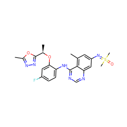 Cc1nnc([C@@H](C)Oc2cc(F)ccc2Nc2ncnc3cc(N=S(C)(C)=O)cc(C)c23)o1 ZINC001772624467