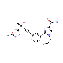 Cc1nnc([C@](C)(O)C#Cc2ccc3c(c2)-c2nc(C(N)=O)cn2CCO3)o1 ZINC000215751132