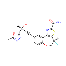 Cc1nnc([C@](C)(O)C#Cc2ccc3c(c2)-c2nc(C(N)=O)sc2[C@@](C)(F)CO3)o1 ZINC000219410105