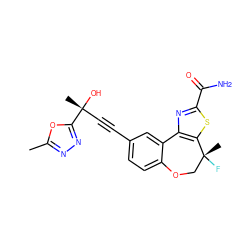 Cc1nnc([C@](C)(O)C#Cc2ccc3c(c2)-c2nc(C(N)=O)sc2[C@](C)(F)CO3)o1 ZINC000219410278